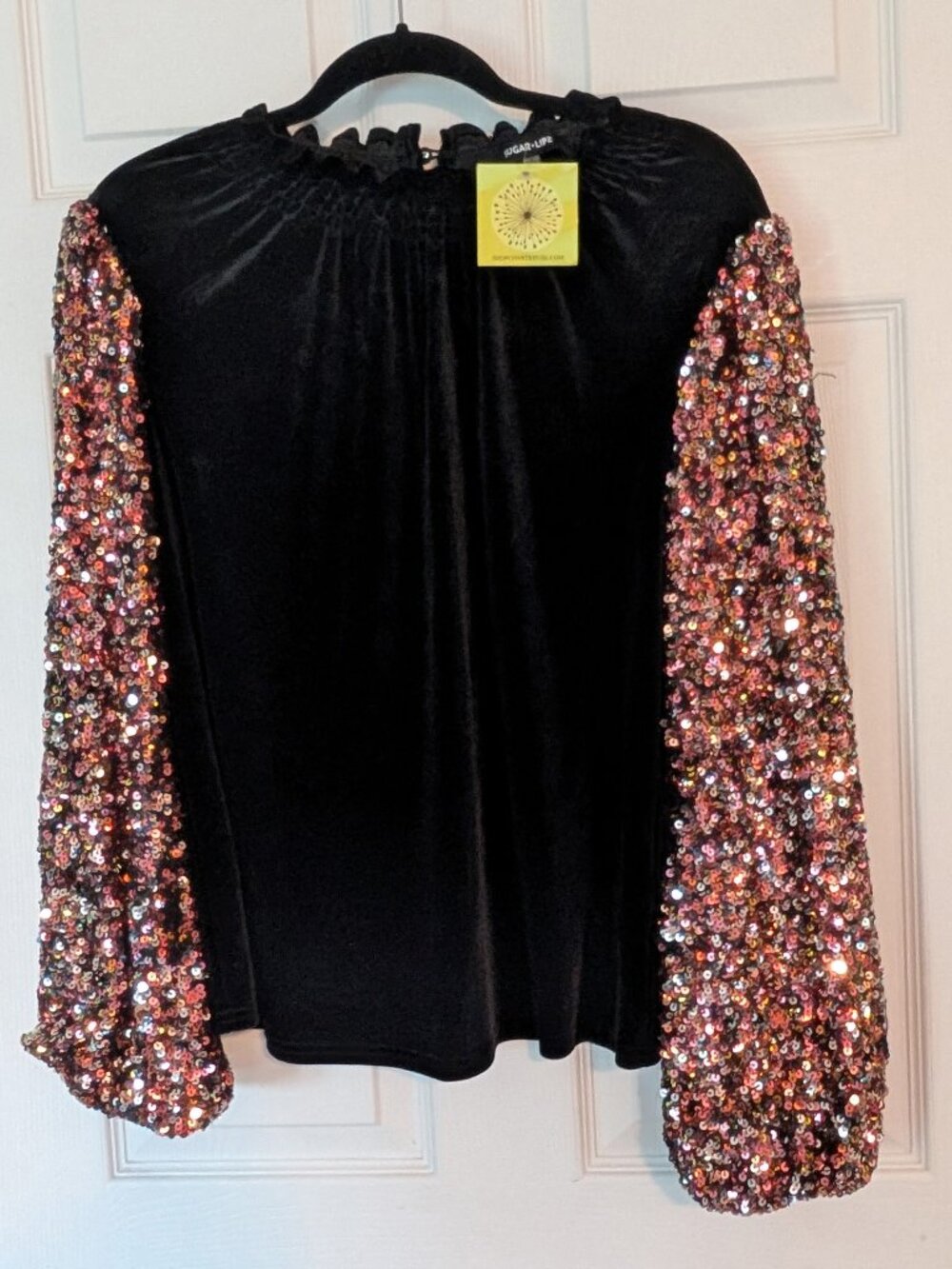 SugarLips Small NWT Black Velvet Multicolor Sequin Sleeve Top